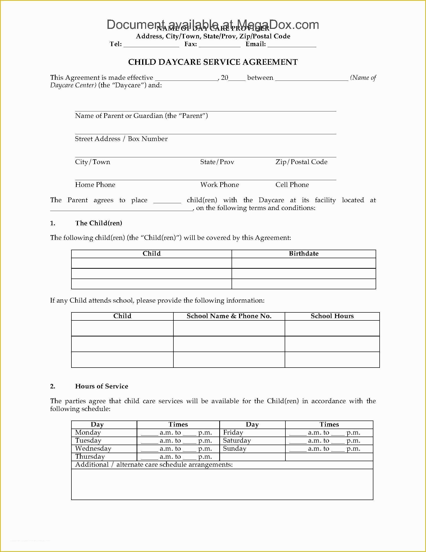 Daycare Contract Templates Free Of Contract Free Printable Daycare 