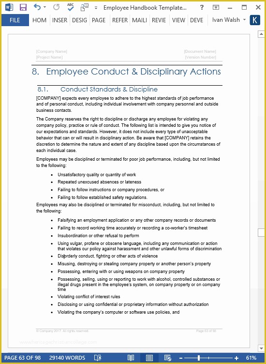 Free Company Handbook Template Of Employee Handbook Templates Ms Word 