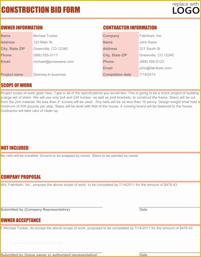 Free Construction Estimate Template Excel Of Construction Proposal Template 4 Best Sample