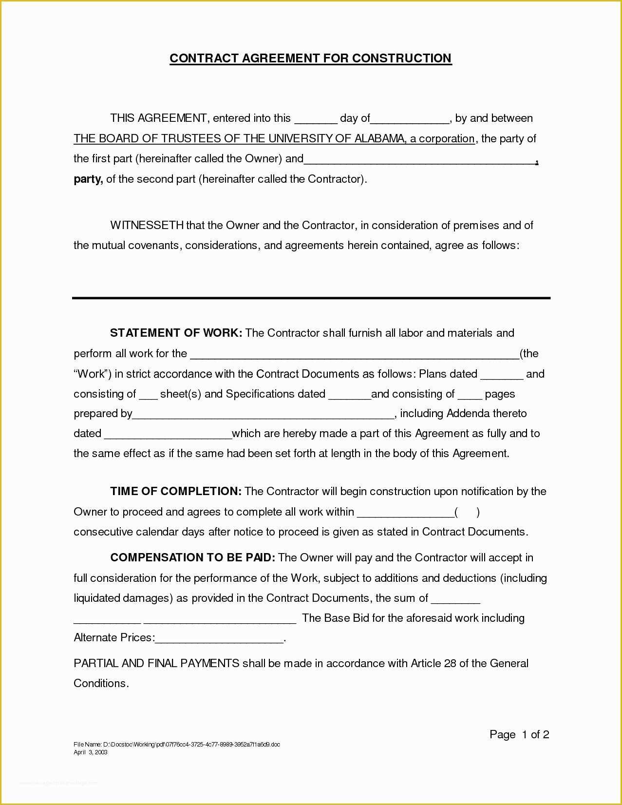 Free Contract Templates Of Construction Contract Template ...
