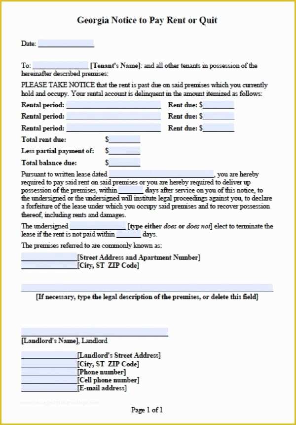 Free Notice To Pay Rent Or Quit Template Of Free Georgia Notice To Pay 