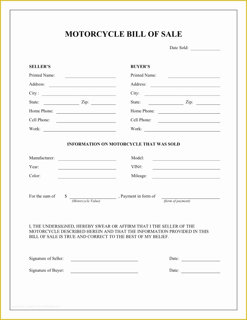 Bill Of Sale Free Template Form Of Free Printable Motorcycle Bill Of 