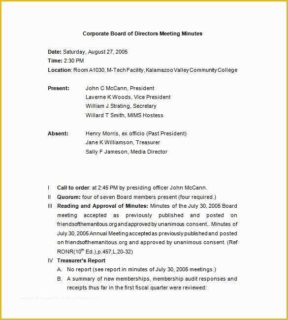  Board Of Directors Meeting Minutes Template Free Of Corporate Meeting 