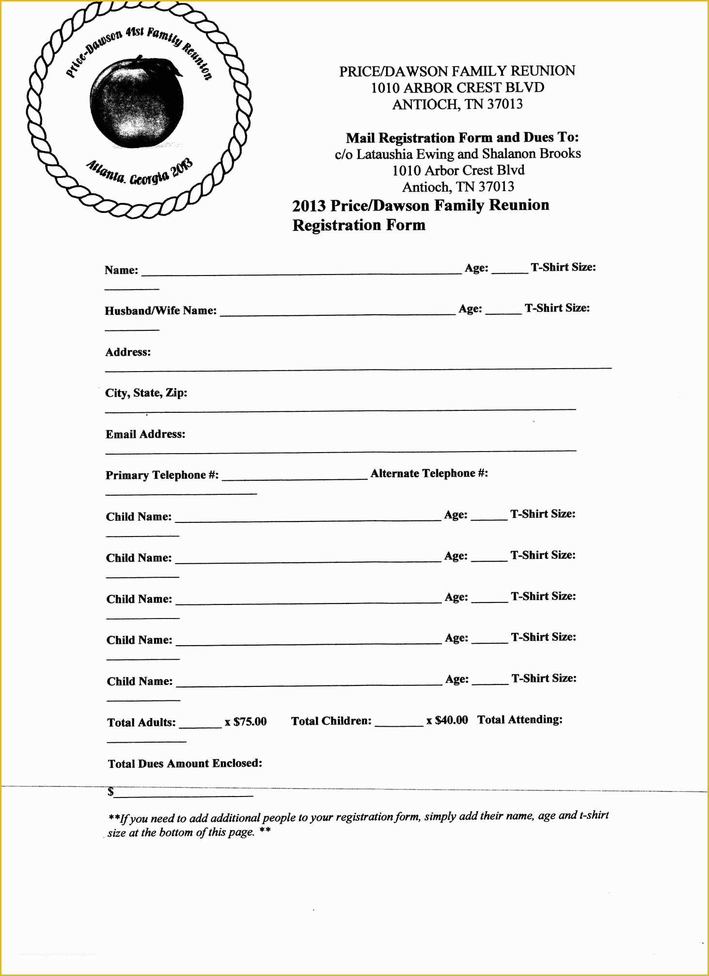 Class Registration Form Template Free Of Free Printable Family Reunion 