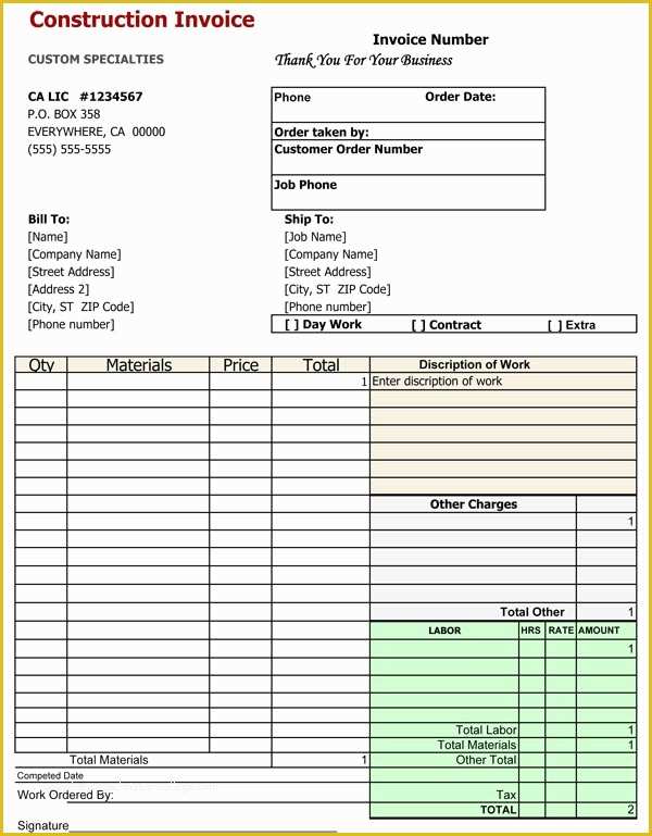 Construction Invoice Template Excel Free Of Construction Invoice 