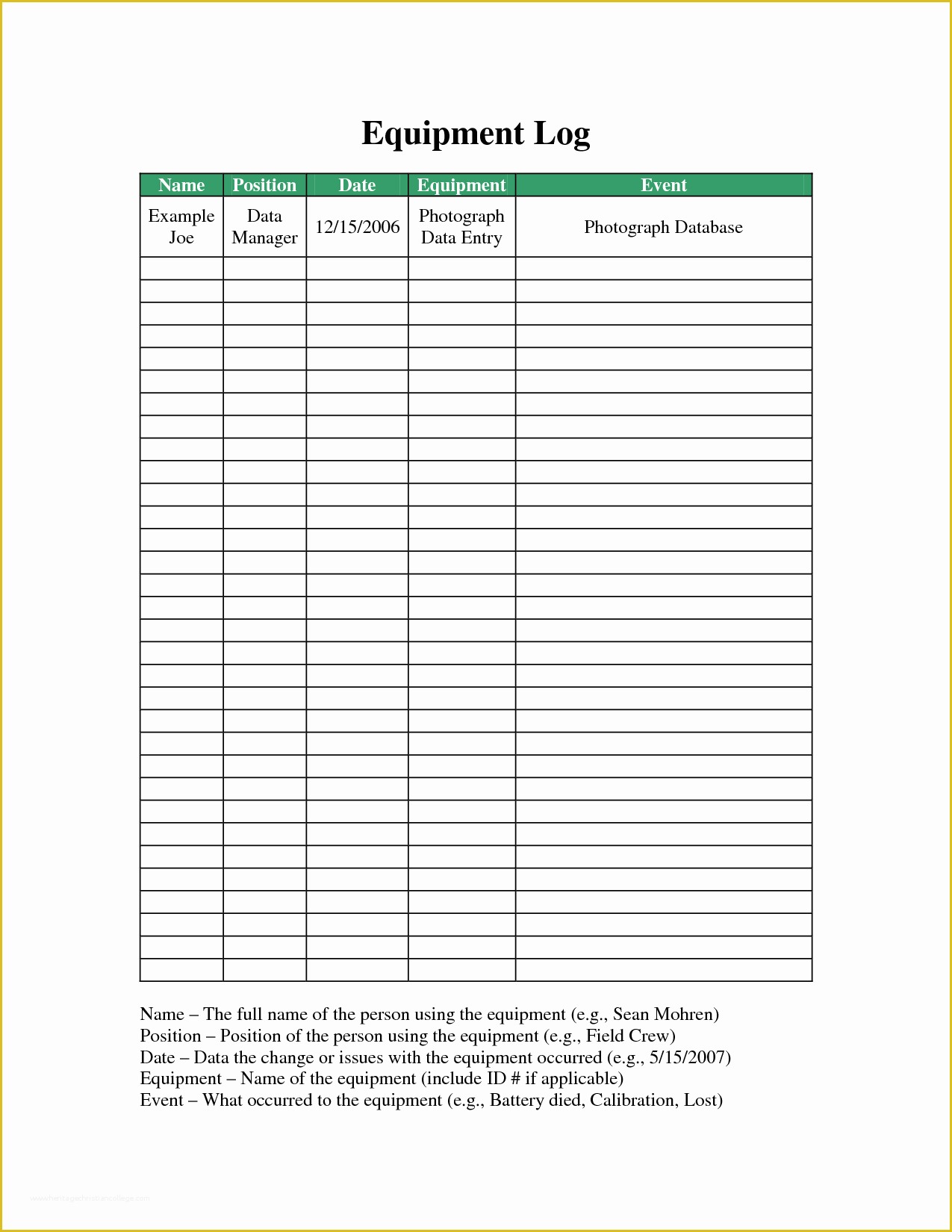 Equipment Log Template