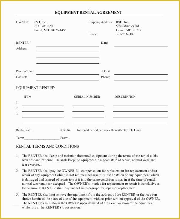 Equipment Rental Contract Template Free Of Rental Agreement Form 12 