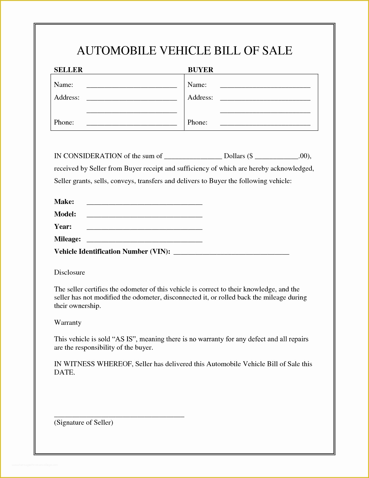 Free Bill Of Sales Template For Used Car As Is Of Free Printable Vehicle Bill Of Sale Template 