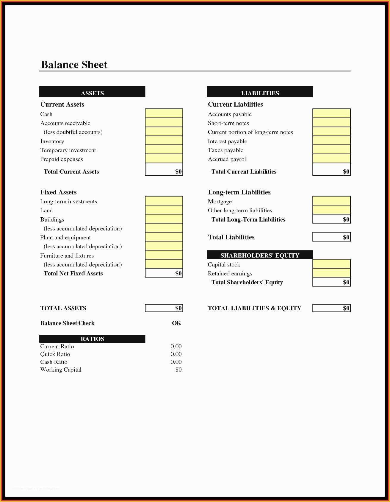 Balance Sheet Template For Small Business