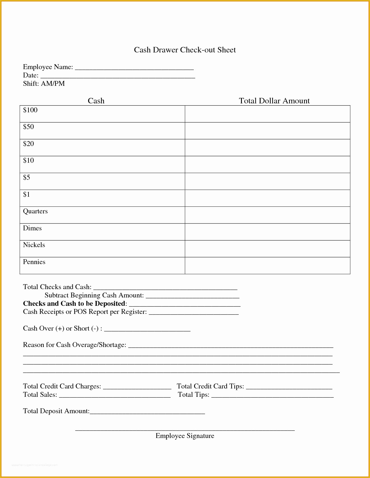 Blank Free Printable Cash Drawer Count Sheet