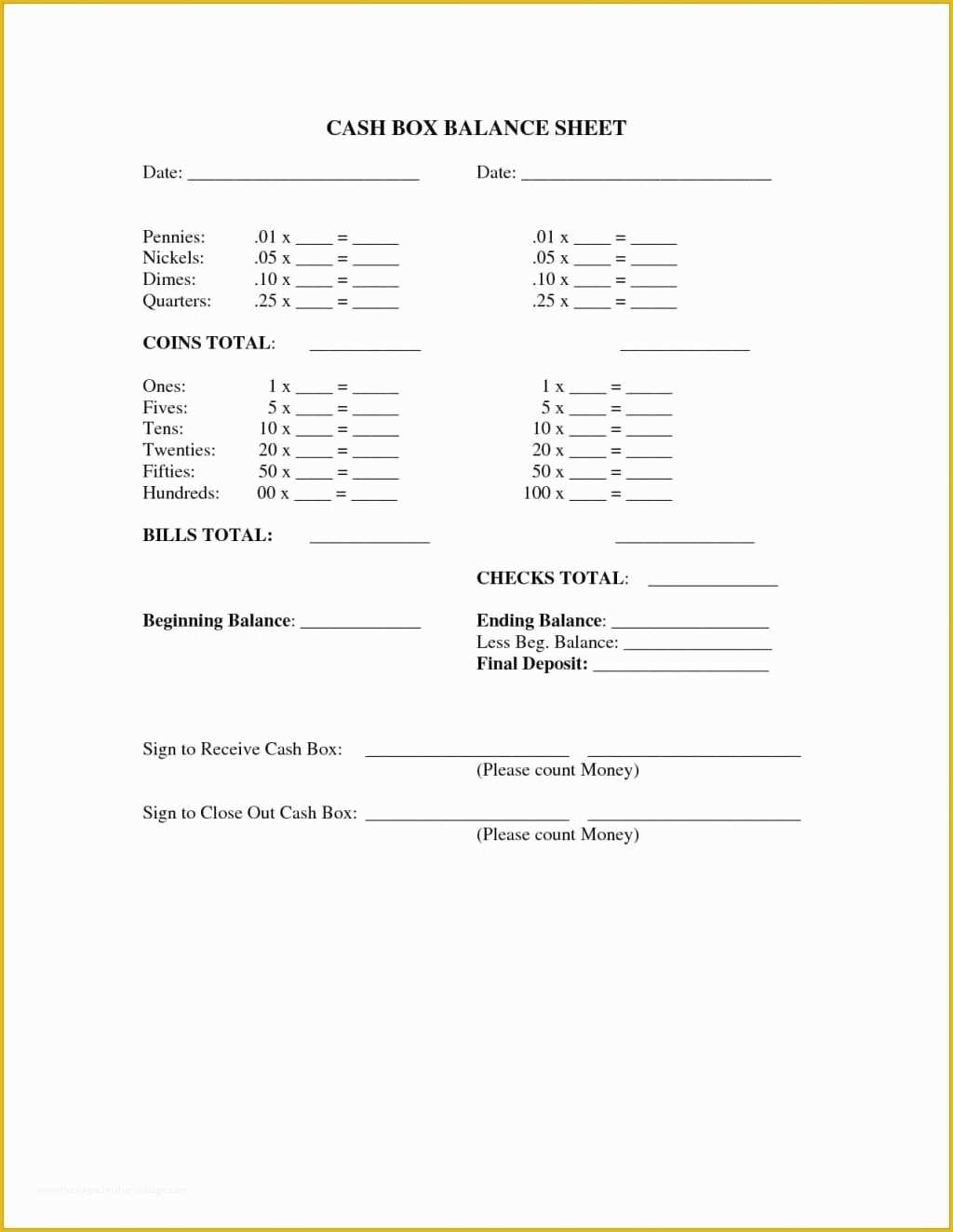 Daily Cash Drawer Balance Sheet Template