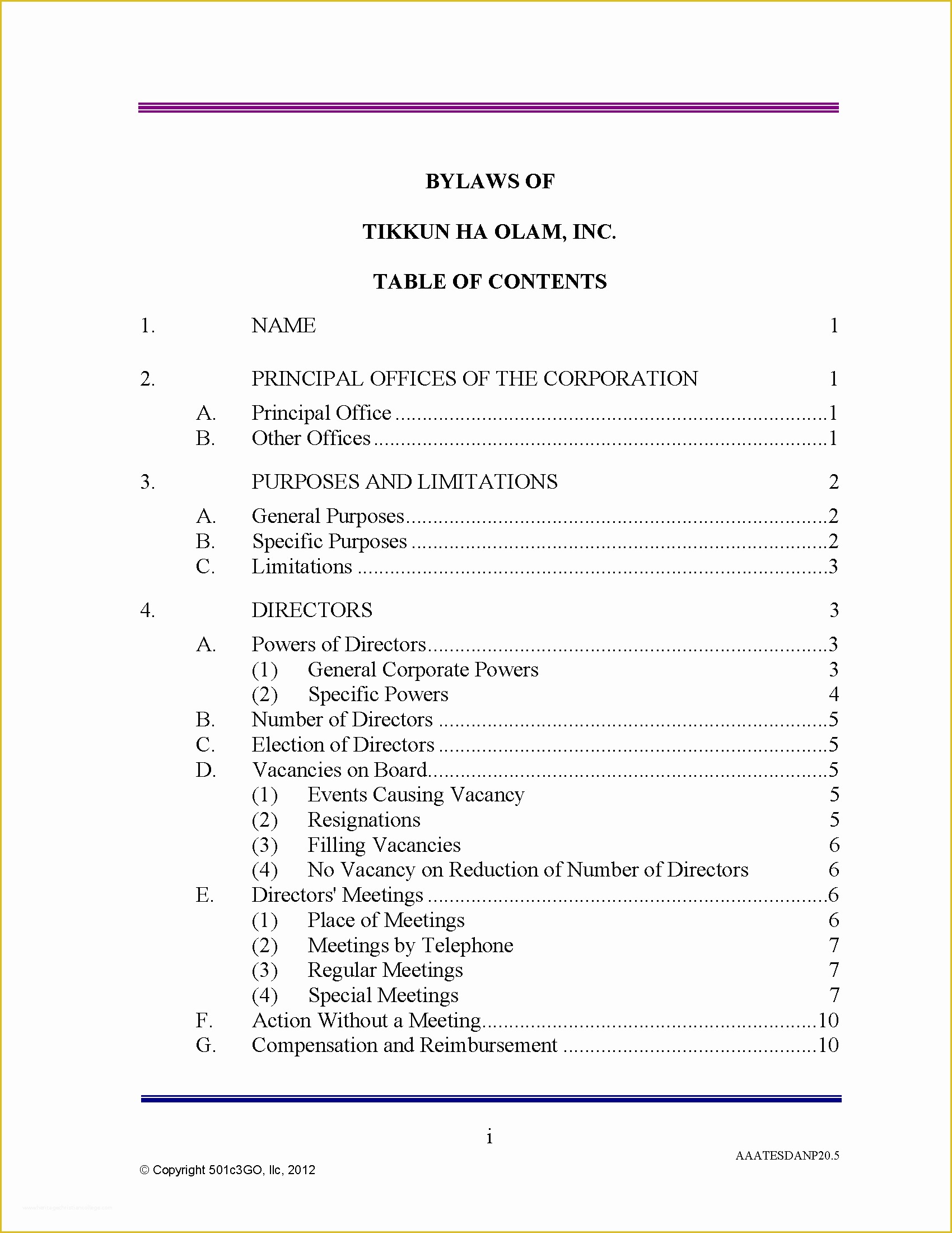 Free Church Bylaws Template Of 501c3go Bylaws Table Of Contents 501c3go 