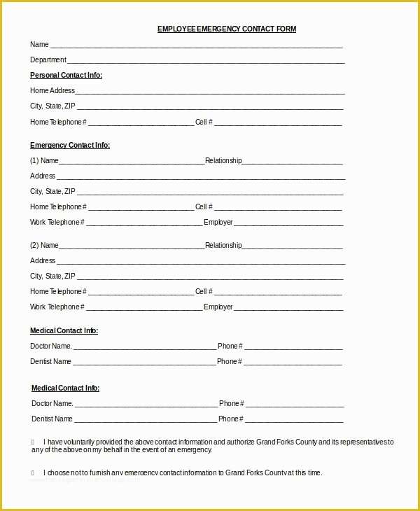 Free Emergency Contact Form Template For Employees Of 7 Best Of 