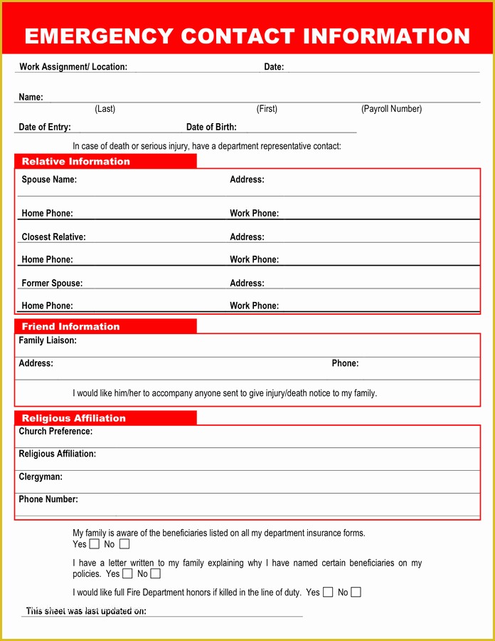 Free Emergency Contact Form Template For Employees Of Employee 