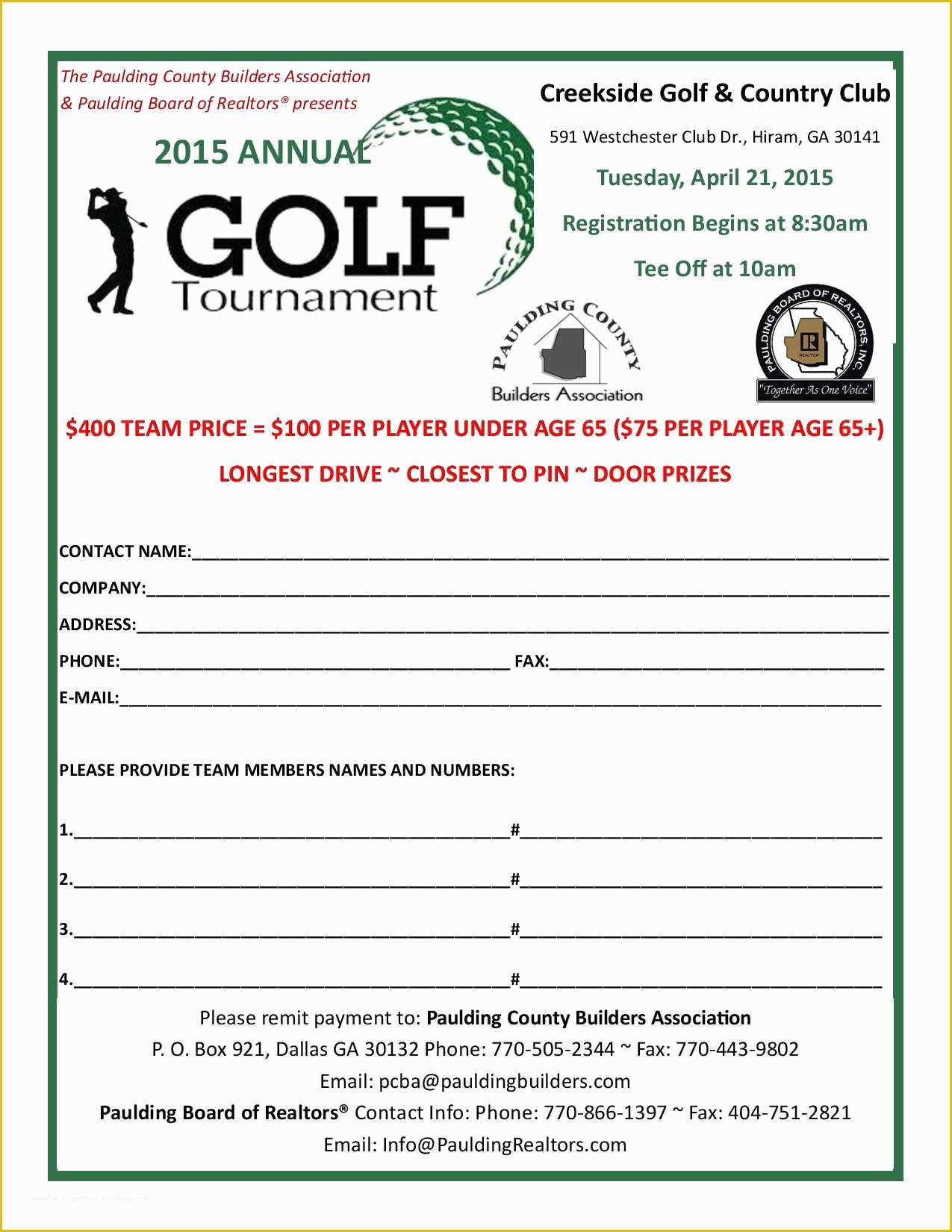 Printable Golf Tournament Registration Form Template