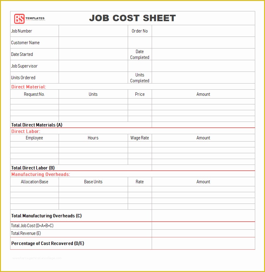  Job Cost Sheet Template Free Printable Templates