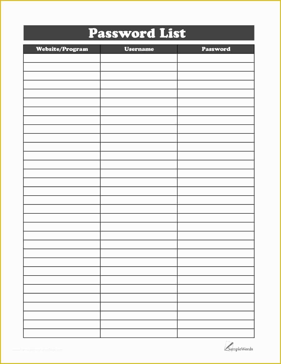 Free Password Template Of 5 Password List Templates formats Examples In ...