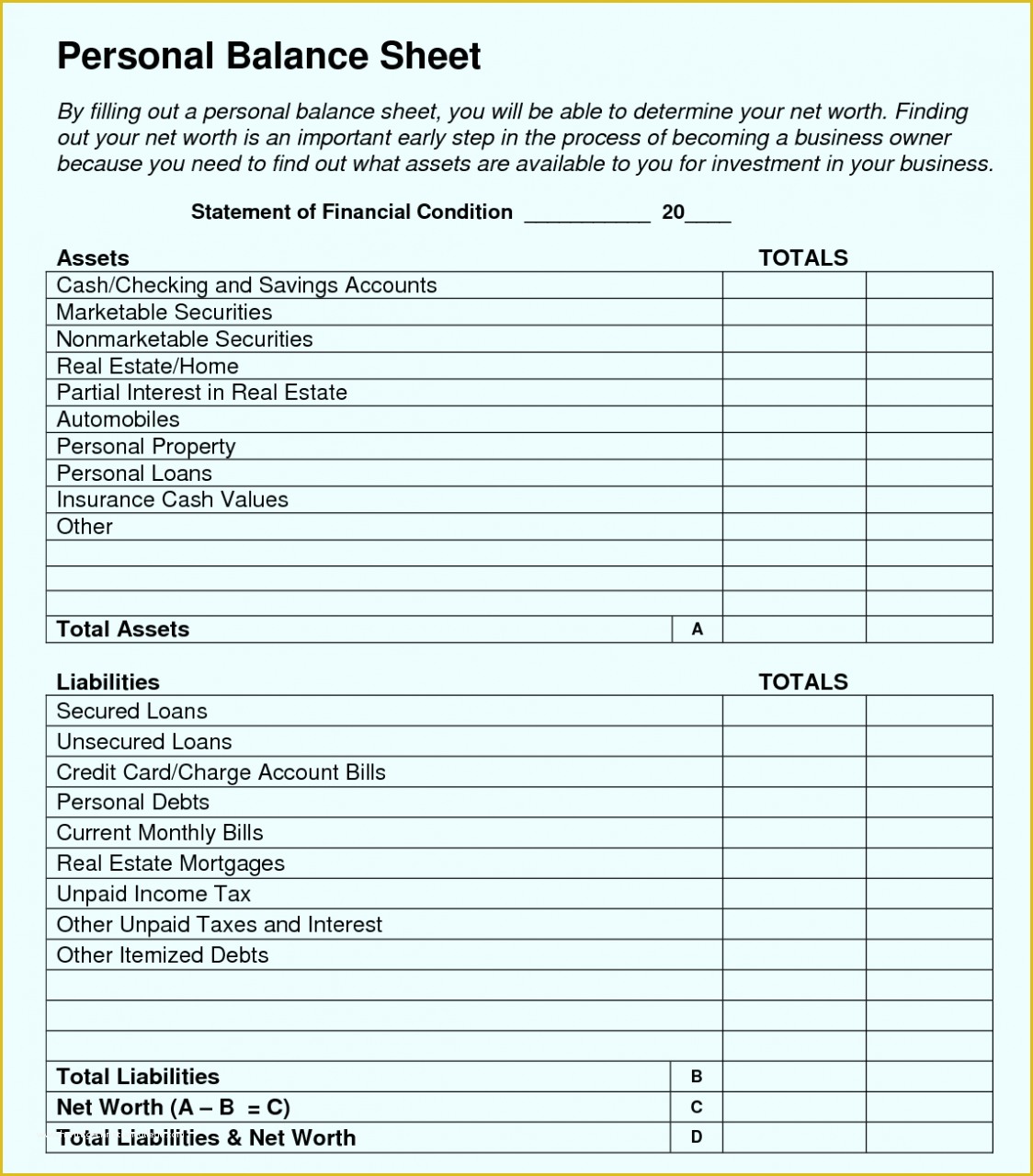 Printable Balance Sheet Template