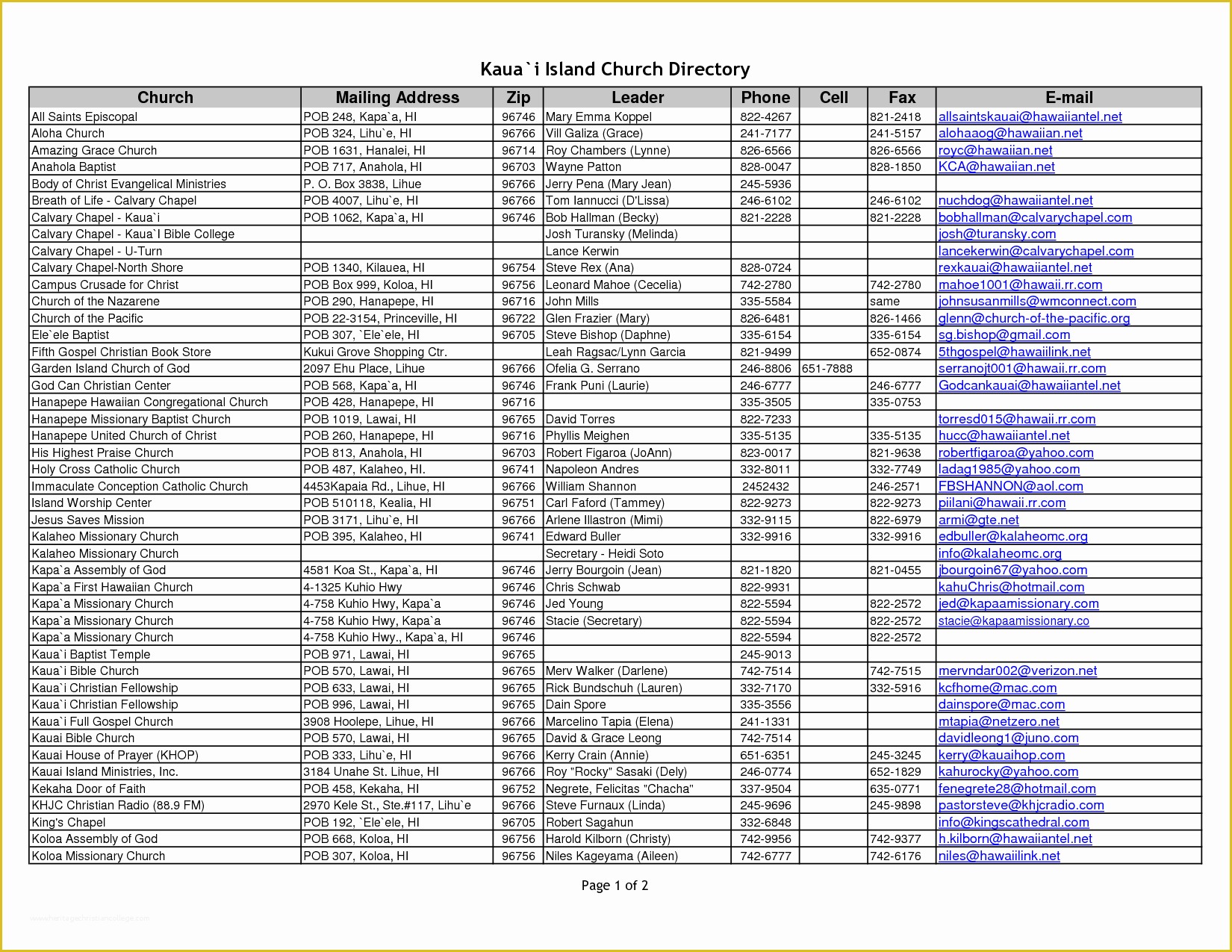 Printable Church Directory