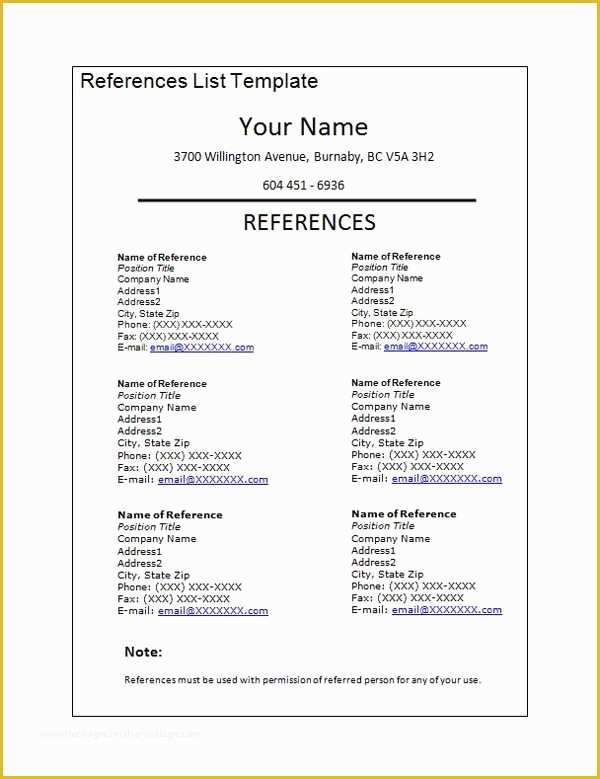 Free Professional References Template Of Professional Reference List 