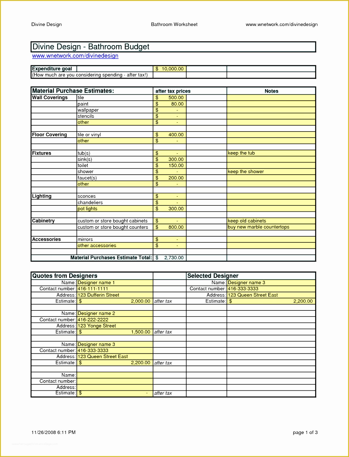 Interior Design Cost Estimate Template