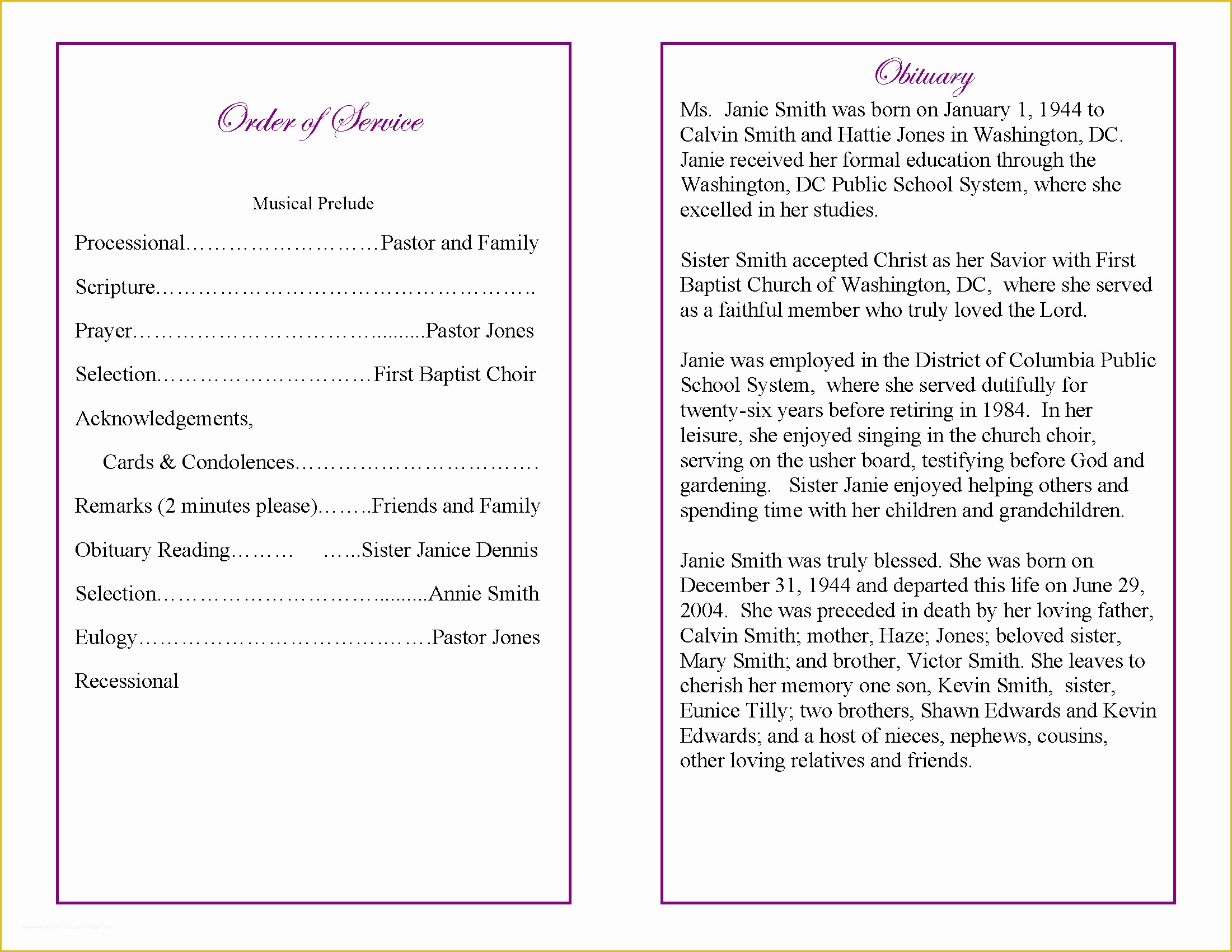 Sample Funeral Program Layout