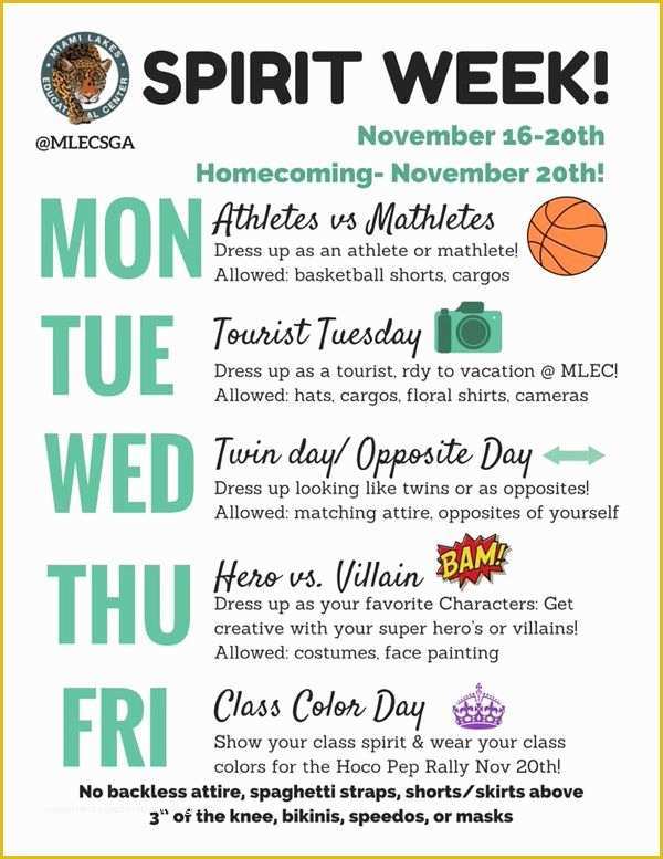 Free Spirit Week Flyer Template Of Spirit Week Themes Google Search 