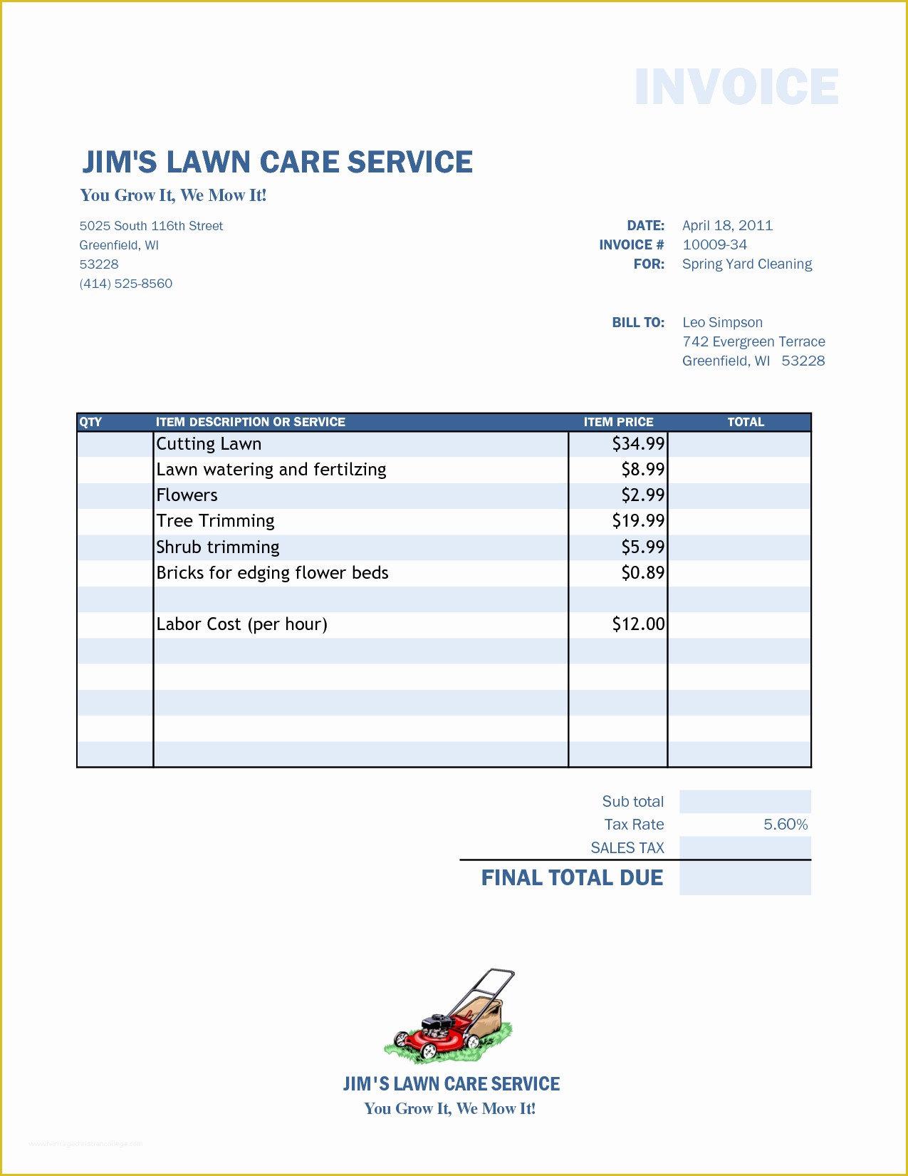 Free Tree Service Invoice Template