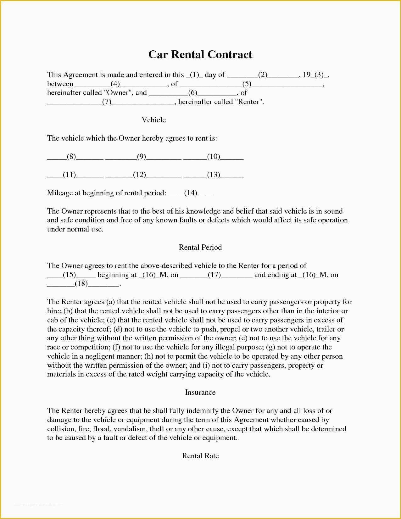 Vehicle Rental Agreement Forms Free Printable