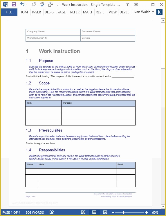 Free Work Instruction Template Downloads Of Great Work Instruction 