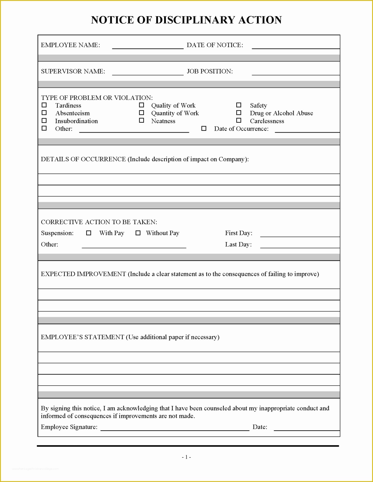 Hr Documents Templates Free Of Employee Employee Disciplinary Action