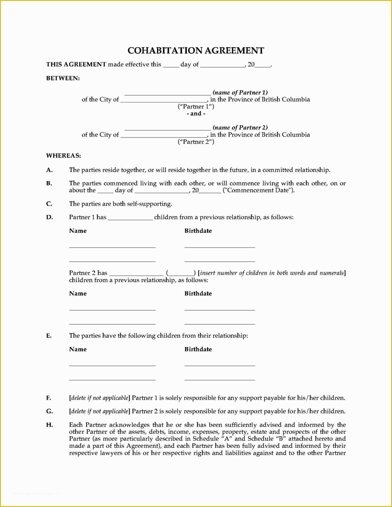 Living Together Agreement Template Free Of Free Printable Cohabitation 