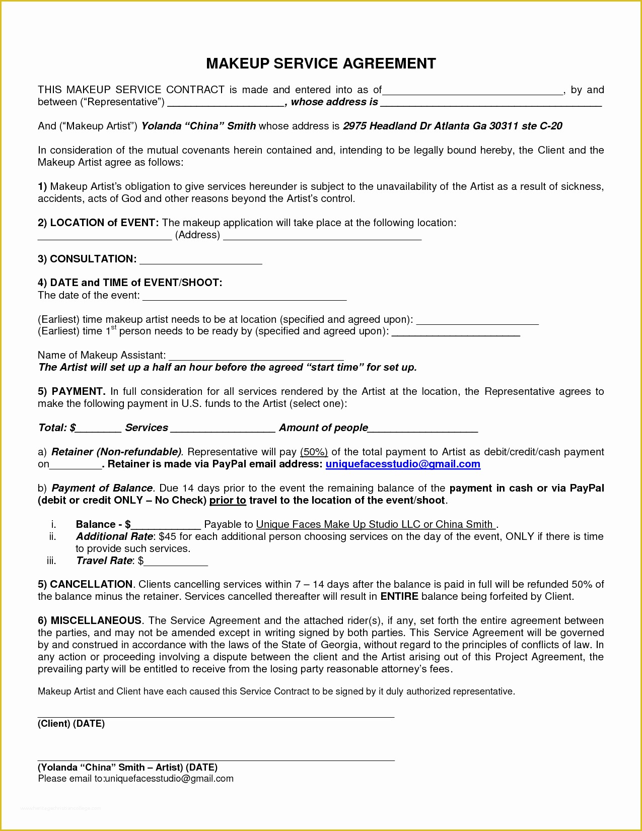 Wedding Makeup Contract Template