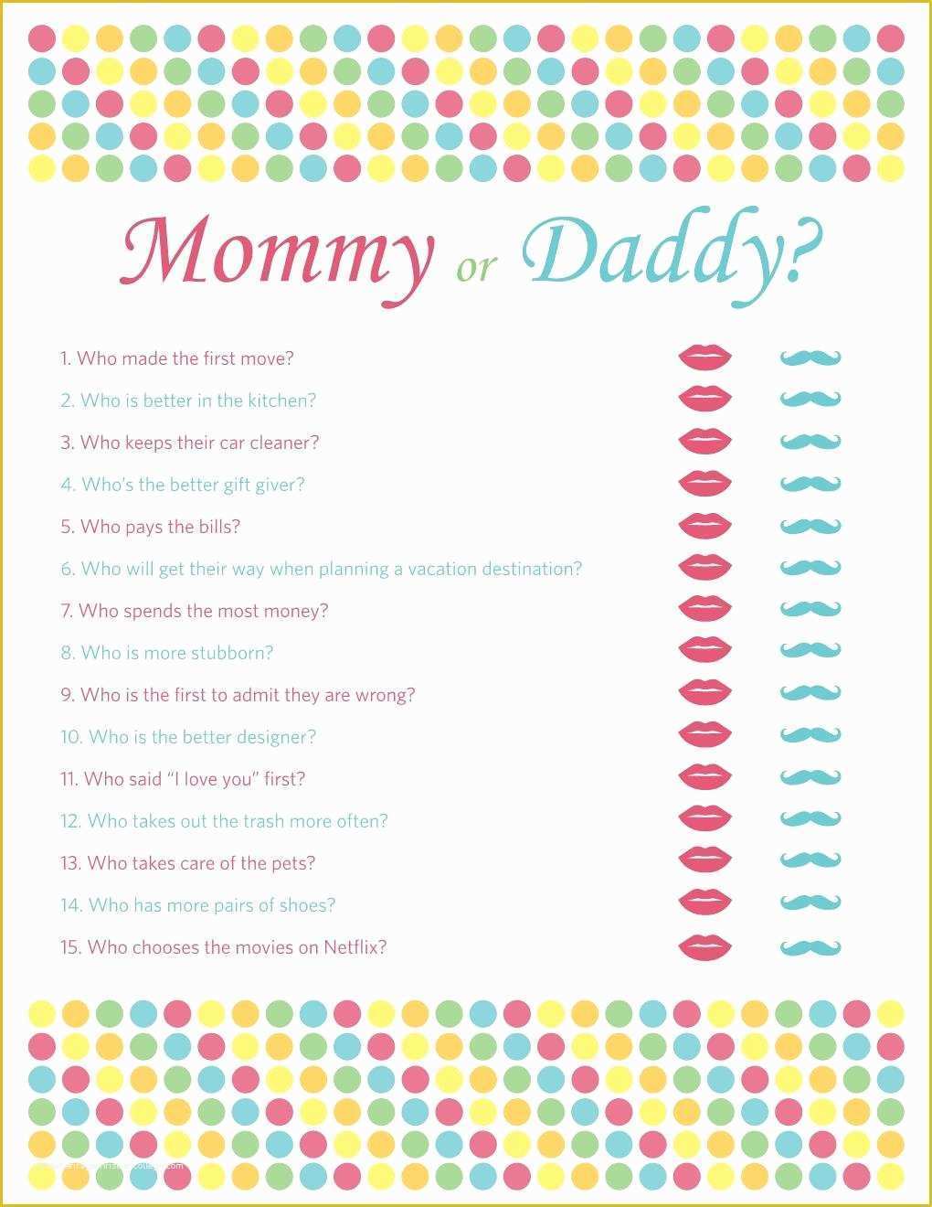 Mommy Or Daddy Baby Shower Game Template Free Of Printable Mom Or Dad Custom Baby Shower Trivia