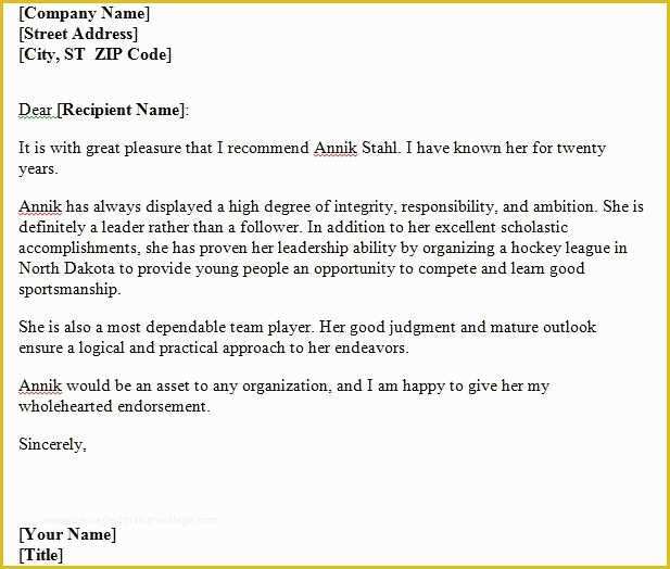 Personal Reference Letter Template Free Of Sample Personal Character