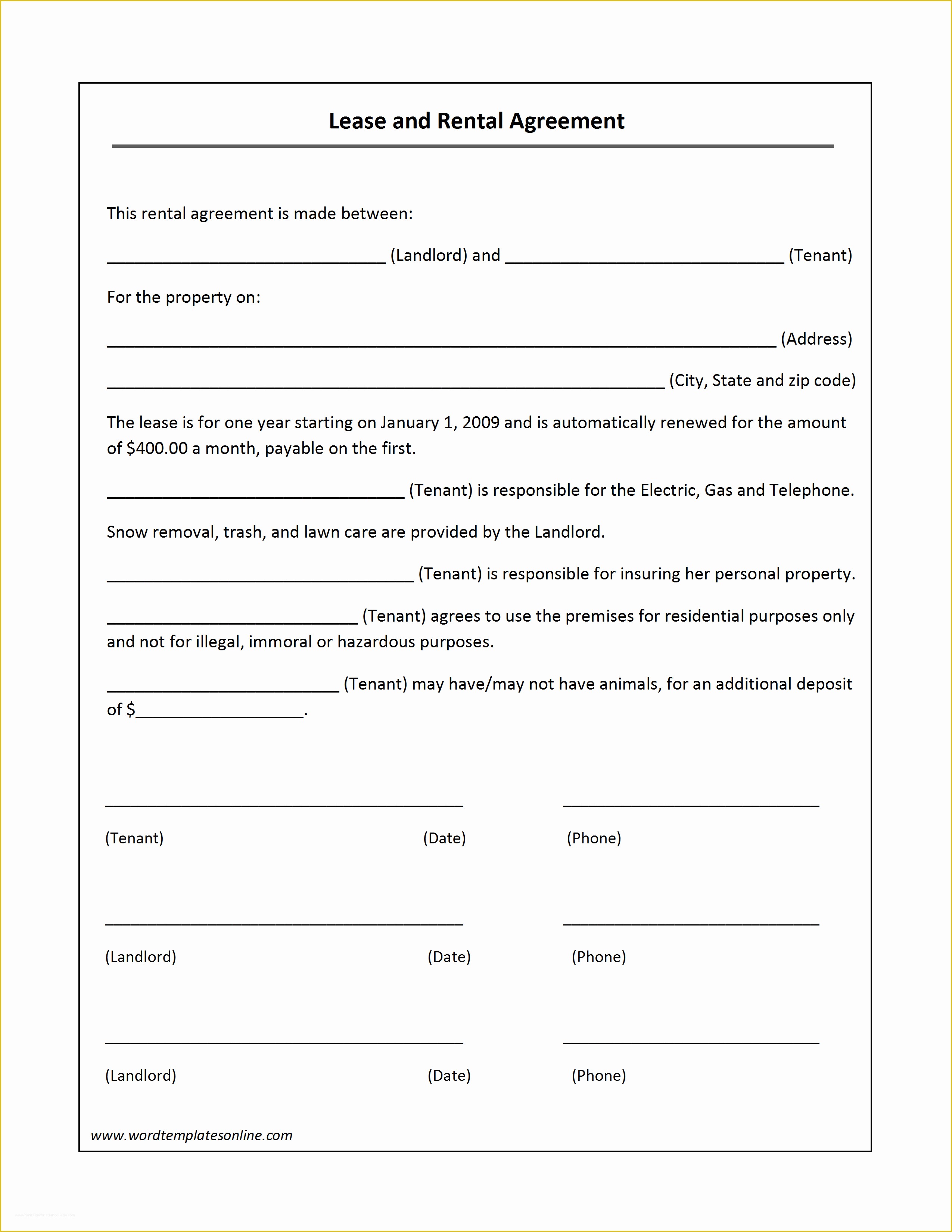 Rental Lease Agreement Template Free Of Letter Intent Rental Agreement 