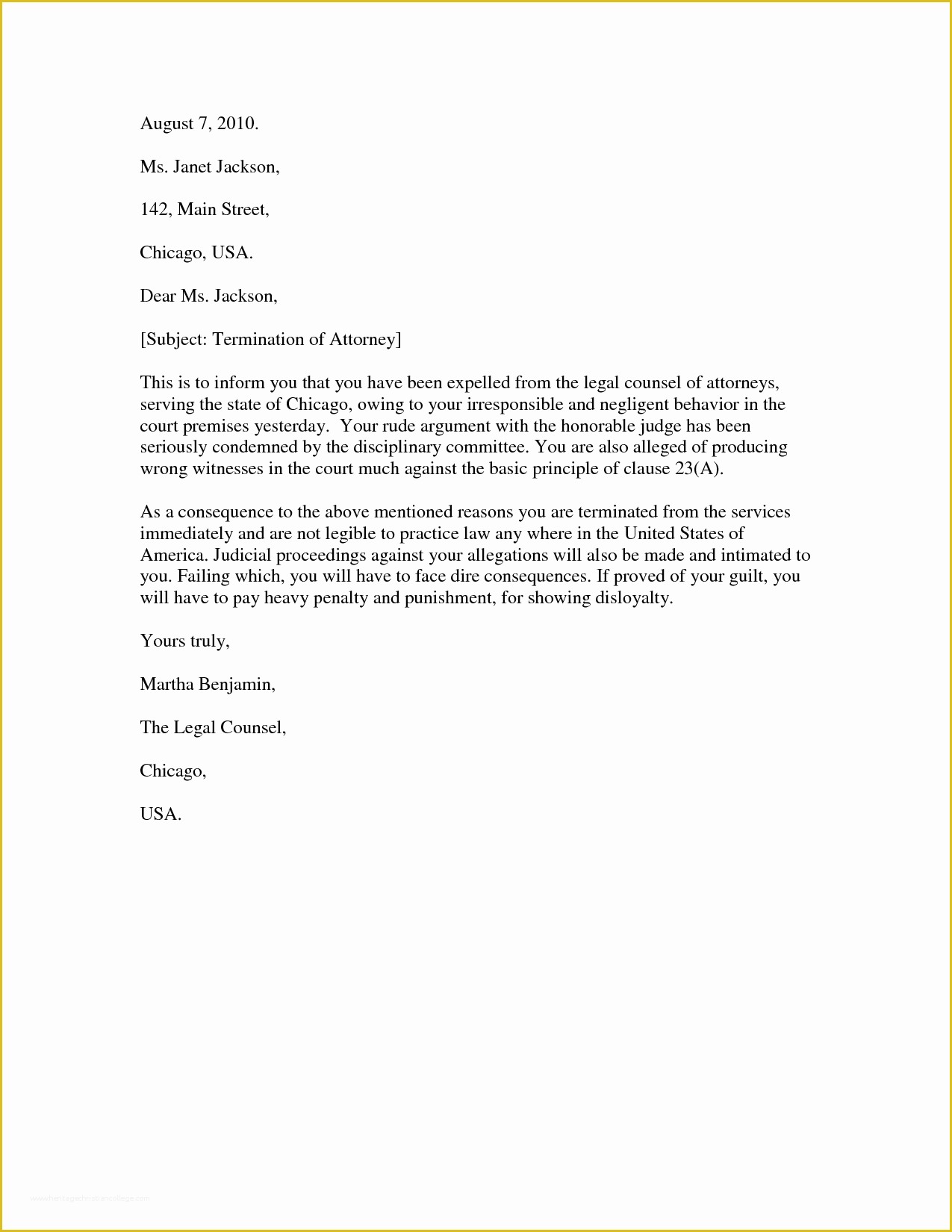 Termination Letter Template Free Of attorney Termination Letter ...